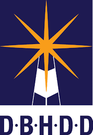 A yellow starburst above a white geometric shape on a navy background, with the letters D.B.H.D.D in blue below.