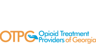 OTPG logo with text: Opioid Treatment Providers of Georgia in blue and orange, featuring a stylized hand with a pill in the letter P.